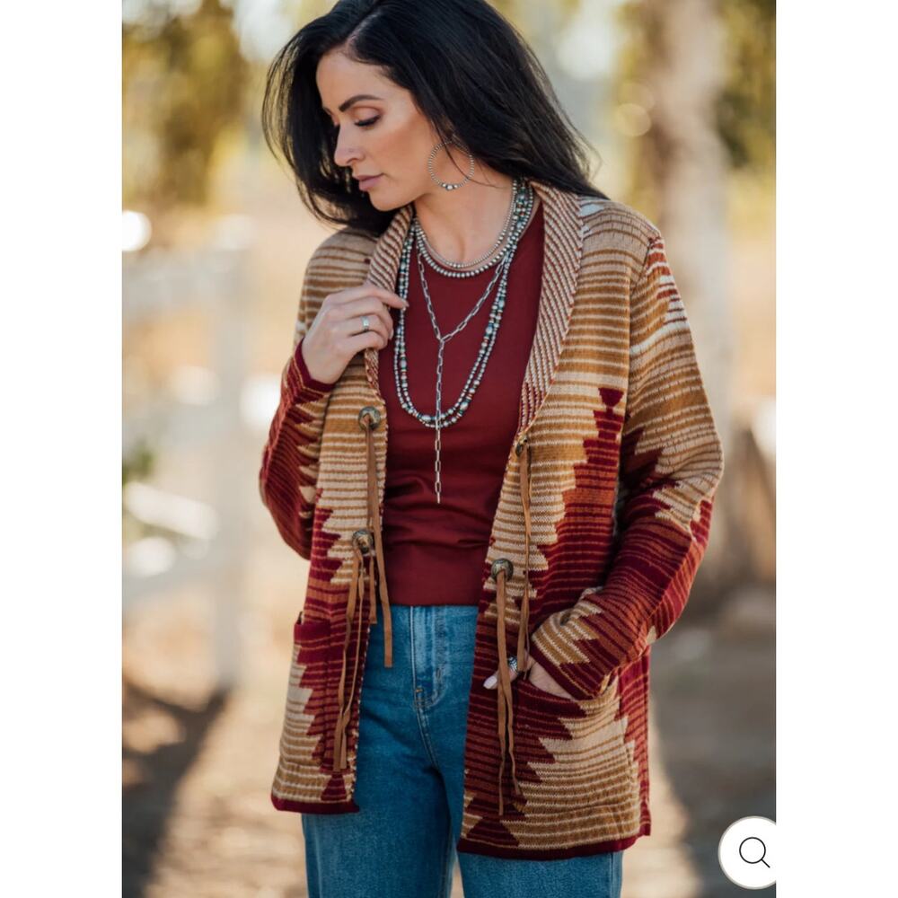 Cozy Aztec Knit Cardigan in Burgundy and Tan